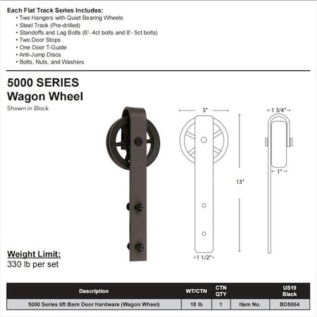 Delaney Hardware 5000 Series 6 ft. Black Wagon Wheel Style Rollers Barn Door Hardware Kit BD5064